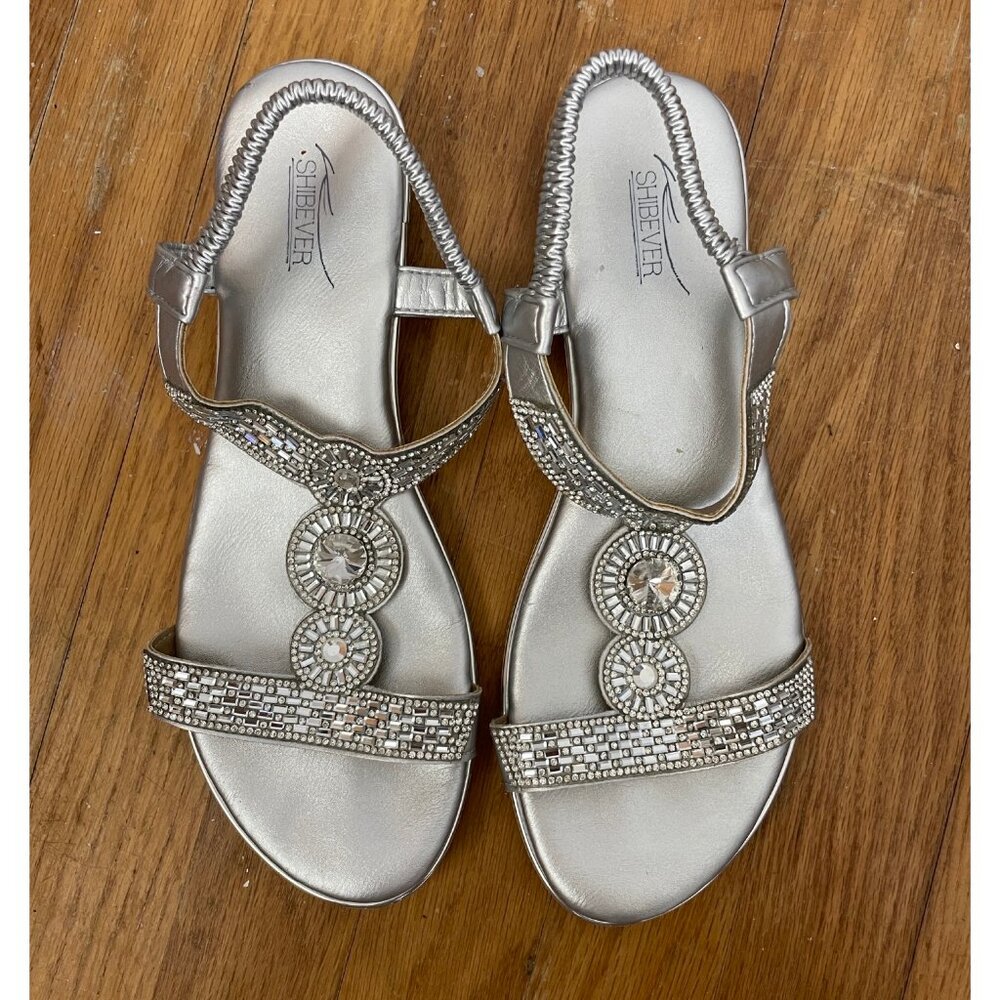 SHIBEVER Sandals Slip on Elastic Back Silver Gem Rhinestone Trim Size 40 US 9M